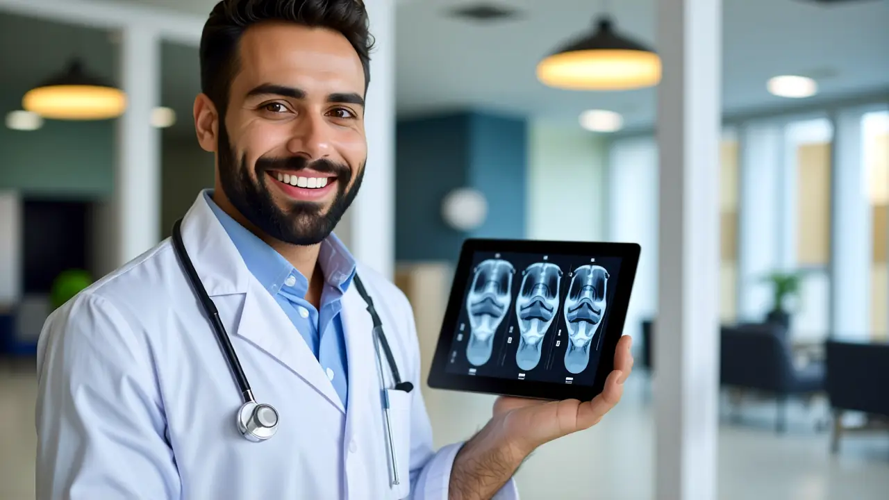 Diseño Web para Podólogos: Atrae Pacientes Online 3 Podólogo sonríe en consulta digital moderna